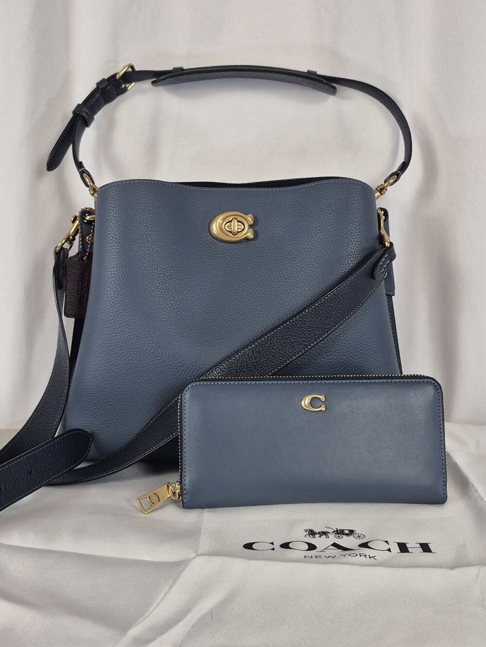 Coach Willow Slate Blue Pebbled Leather Shoulder Bag Coordinating Wallet & Pouch